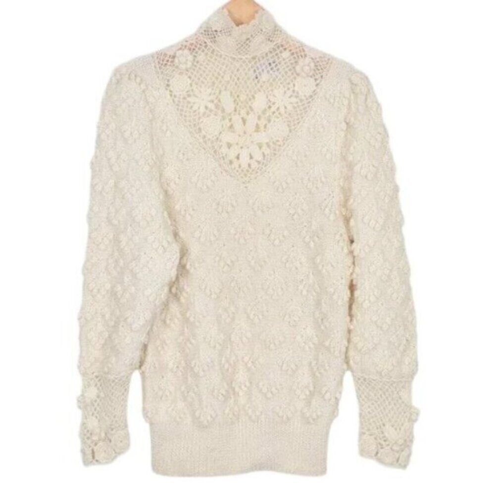 Vintage Braemar Knitted By Hand Cream Crochet High Neck Wool Blend Sweater Med